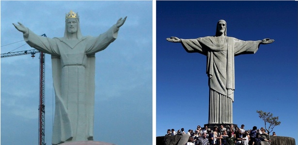 À esquerda, a estátua de Jesus Cristo, que supera os 52 metros de altura, inaugurada na cidade de Swiebodzin, na Polônia (21/11/2010); à direita, o Cristo Redentor, no Rio de Janeiro, com 36 metros de altura (8/7/2007)