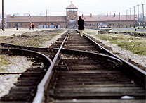 Visitante caminha em direo ao porto principal  do campo de concentrao Auschwitz-Birkenau