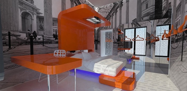 Os móveis do hotel de luxo em Milão foram construídos sob medida e criados para o projeto - Guilherme Aquino/BBC Brasil 