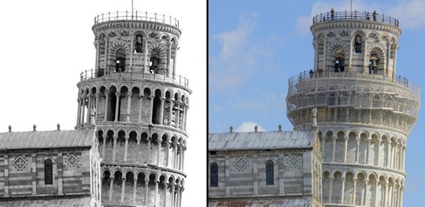 Montagem de duas imagens da Torre de Pisa, antes da restauração, em 1992 (esquerda) e com o final dos trabalhos, em 2010 (direita) - AFP PHOTO / FABIO MUZZI