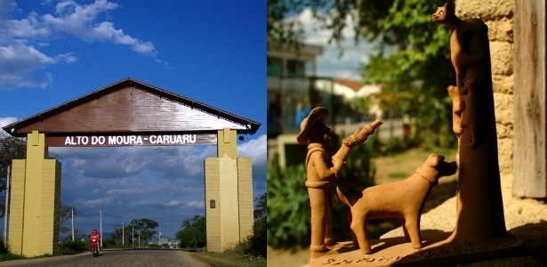 Portal de entrada do bairro, à esquerda, e obra do mestre Vitalino, "Gato Maracajá", à direita - Eduardo Vessoni/UOL